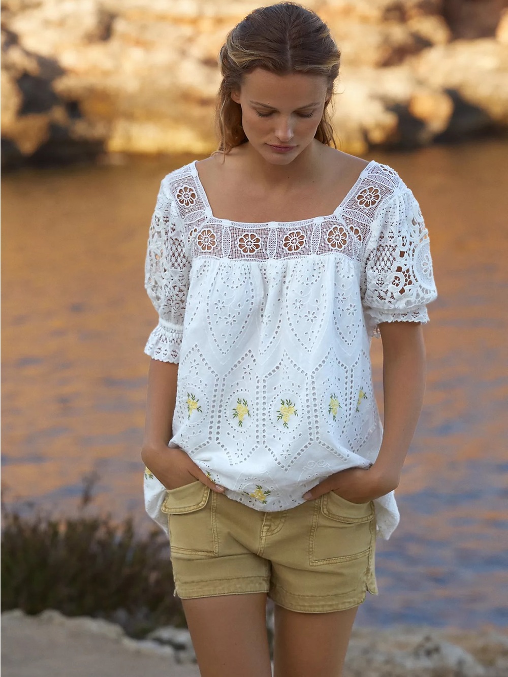 Anthropologie White Eyelet Lace Peasant Blouse with Yellow Floral Embroidery